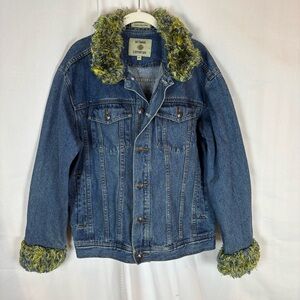 Outdoor Expedition Blue Denim Jacket with Green Fur Trim